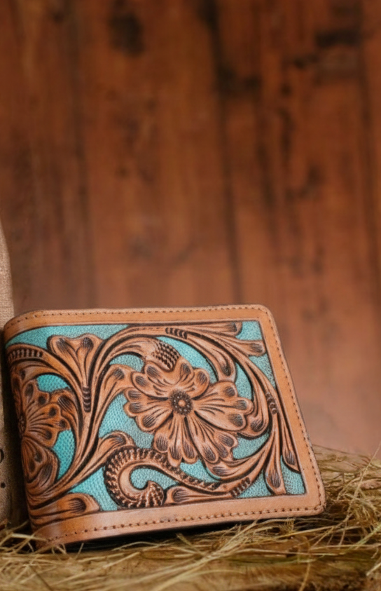 Handmade Floral Carved Leather Bifold Wallet, Western Style Gift For Men