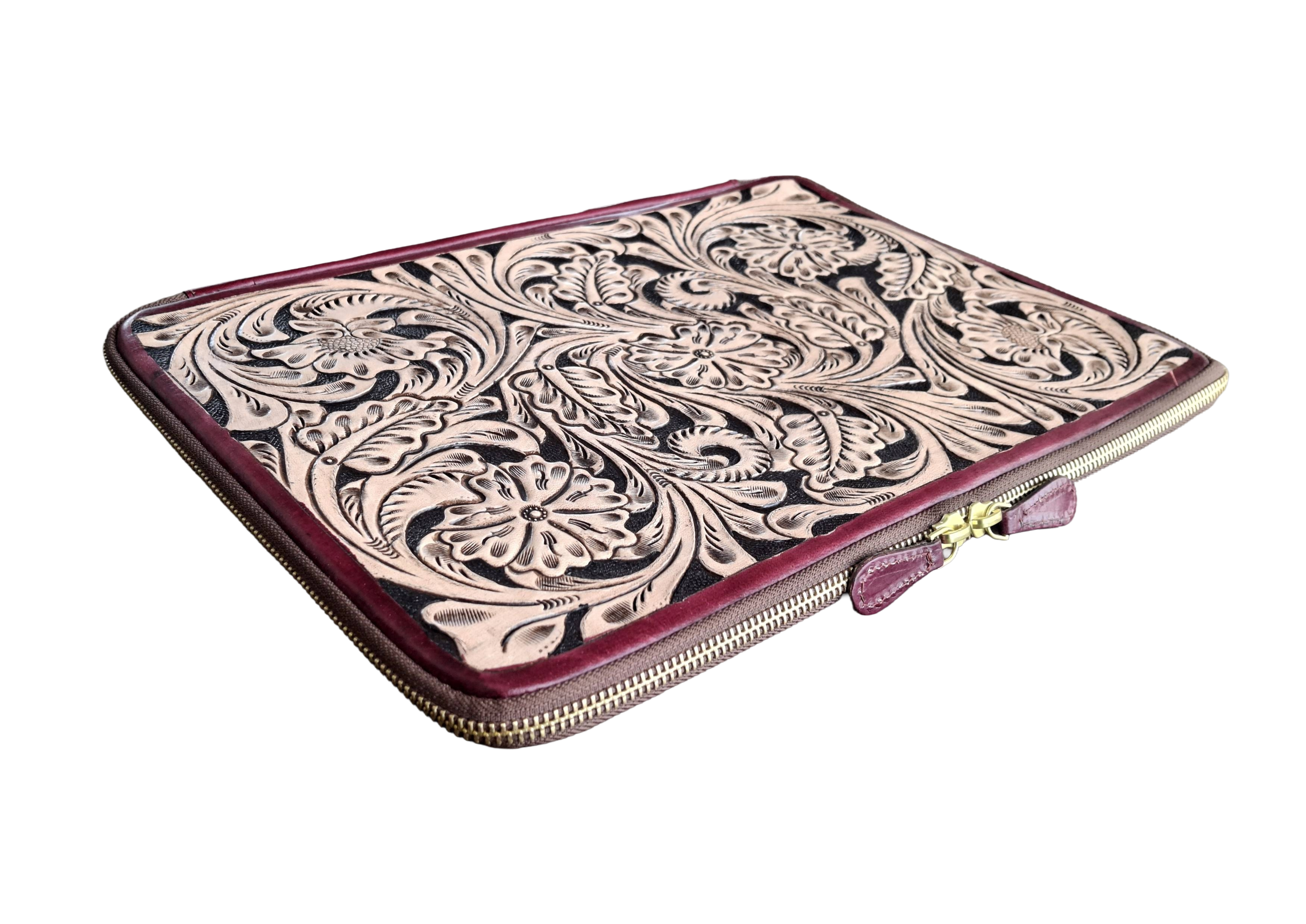 Handmade Tooled Leather Laptop Sleeve, Embossed Floral Design, Executive Organizer, Gift For Men And Women