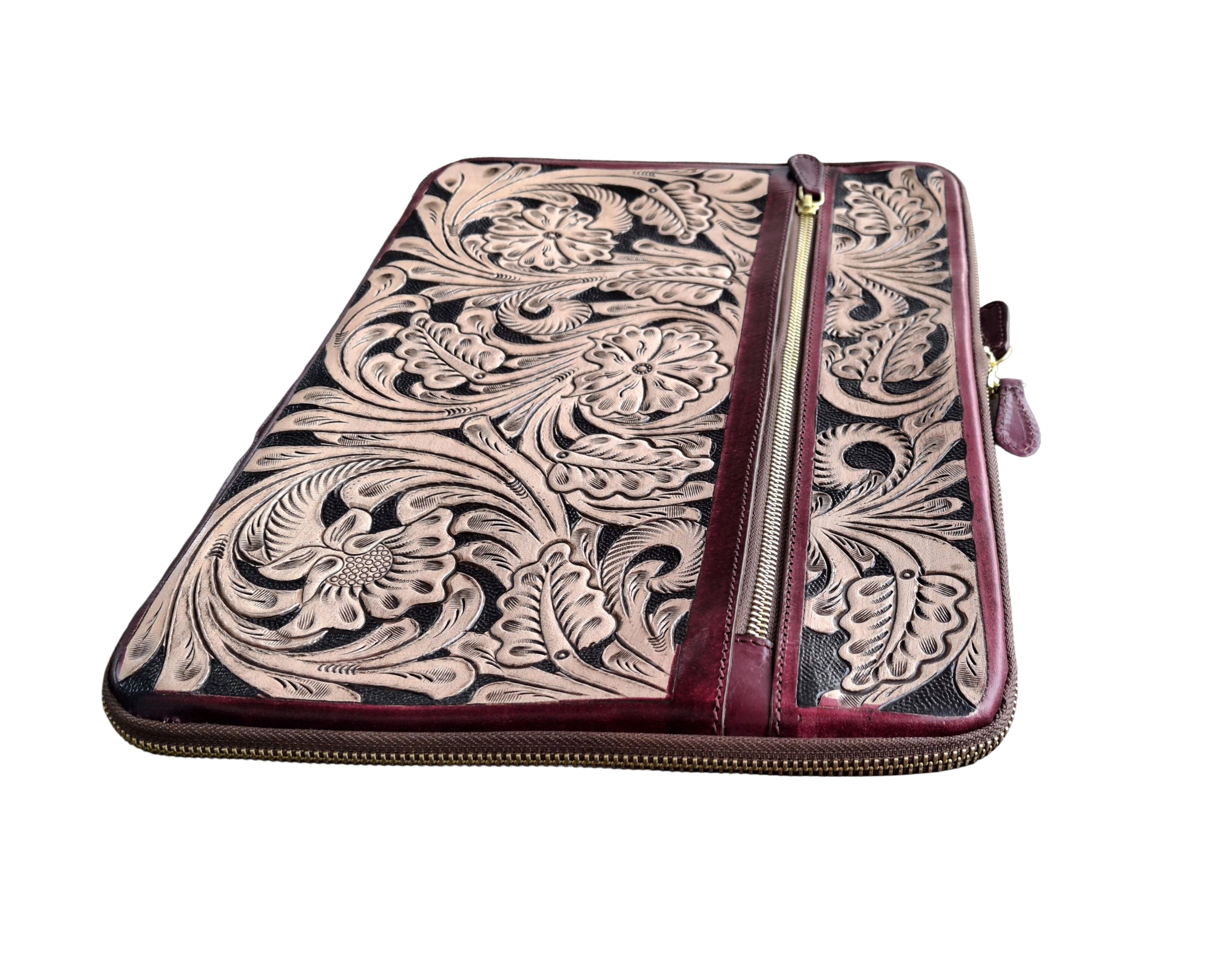 Handmade Tooled Leather Laptop Sleeve, Embossed Floral Design, Executive Organizer, Gift For Men And Women