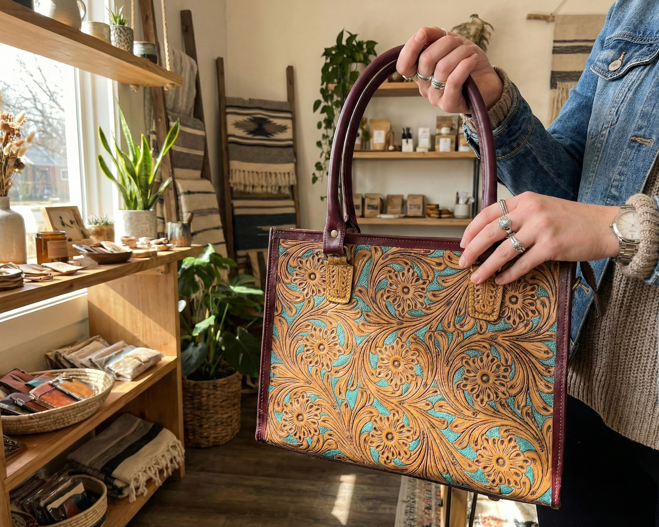 Pure Leather Handbag- Hand-Carving Crafted Tooled Handmade Genuine Leather Fashion Handbag For  women : Timeless Elegance with Detachable Sling