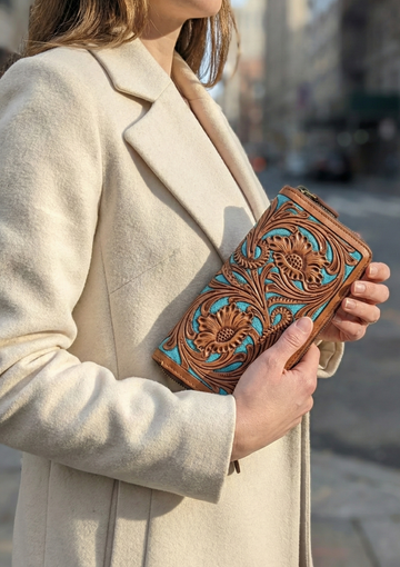 Carving Tooled Handmade Genuine Leather Clutch for Women