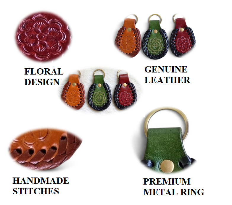 andmade Leather Keychain for Home Office Car And Bag | Classic Genuine Leather Keychain with Metal Ring,(Set Of 3)