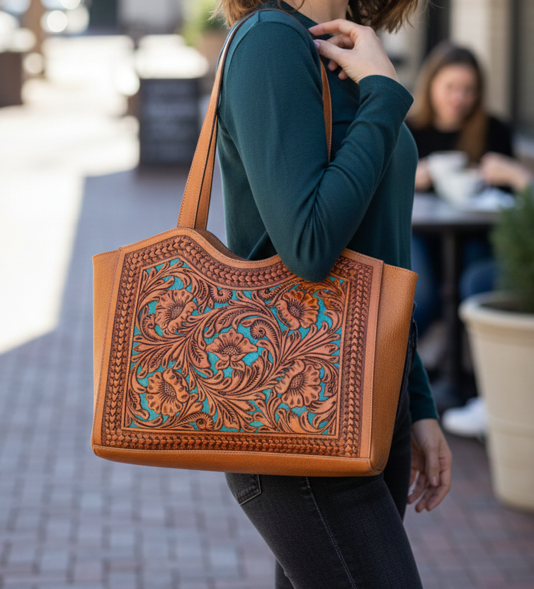 Hand Tooled Handmade Leather Floral Carving Design Tote Bag: Western Handbag-Best Gift to Girl Friend and Mother