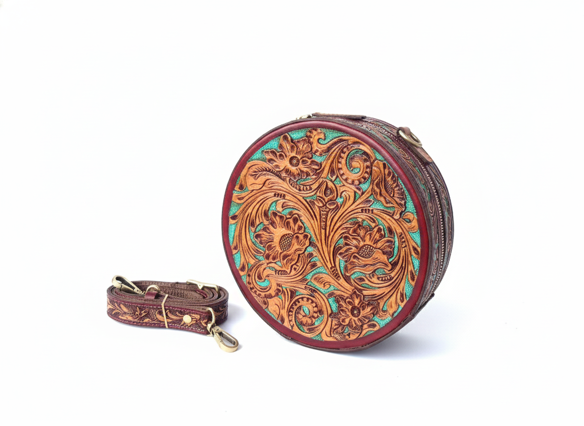 Pure Leather Handbags For women-Handmade Tooled Genuine Leather Round Crossbody Bag – Floral Carved Vintage Western Shoulder bag for Women