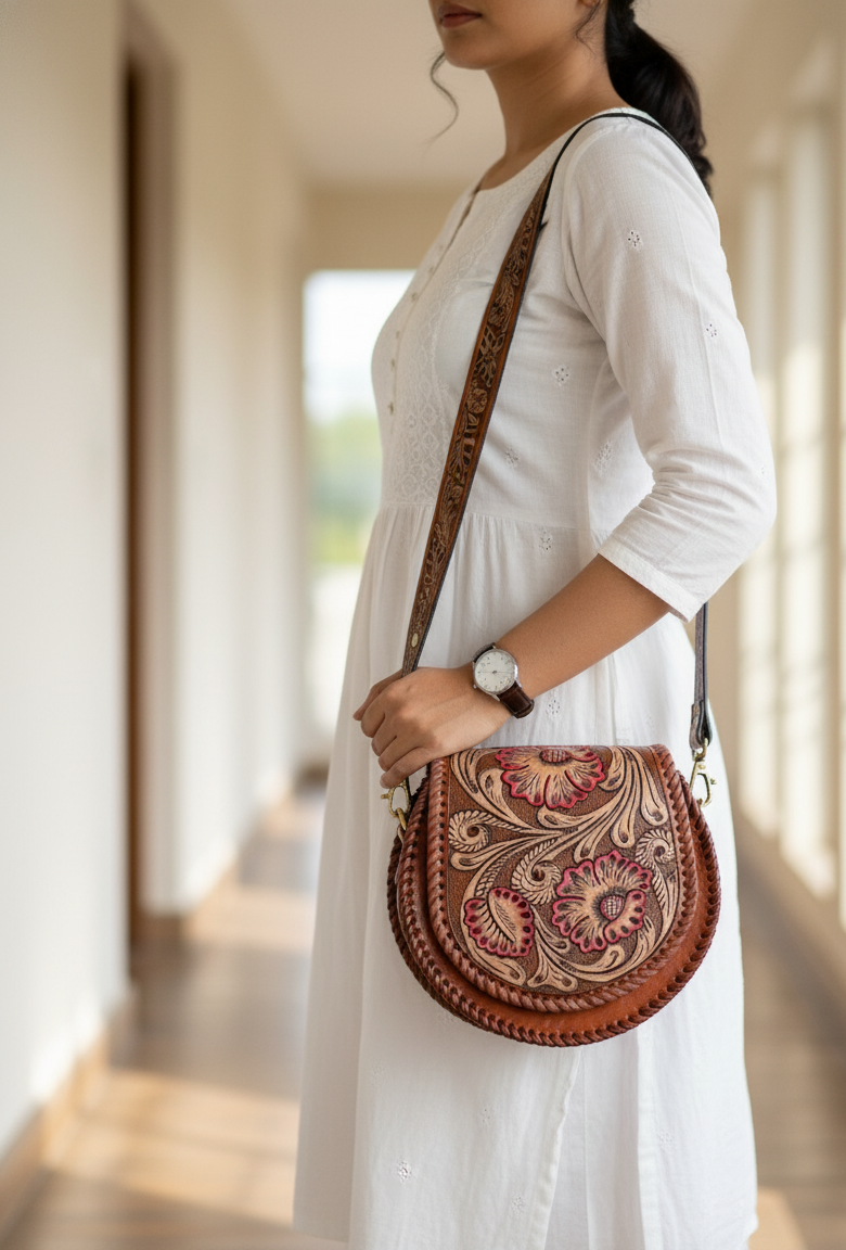 Hand-Carving, Floral Design Crafted Premium Handmade Women's Leather Round Sling Bag - Unique, Versatile, and Stylish