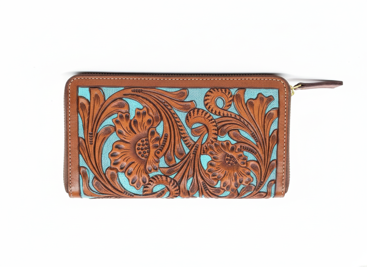 Carving Tooled Handmade Genuine Leather Clutch for Women
