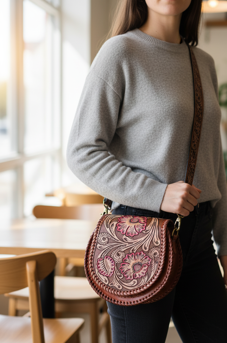 Hand-Carving, Floral Design Crafted Premium Handmade Women's Leather Round Sling Bag - Unique, Versatile, and Stylish