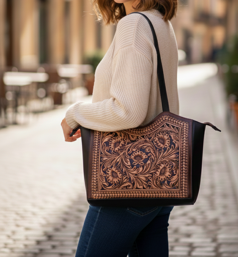 Hand Tooled Handmade Leather Floral Carving Design Tote Bag: Western Handbag-Best Gift to Girl Friend and Mother