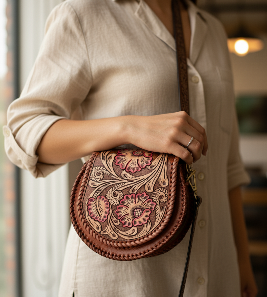 Hand-Carving, Floral Design Crafted Premium Handmade Women's Leather Round Sling Bag - Unique, Versatile, and Stylish