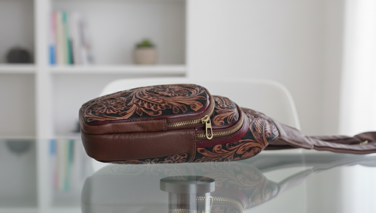 handmade Tooled Leather Fanny Pack: Floral Carved Sling Crossbody Bag For Men And Women