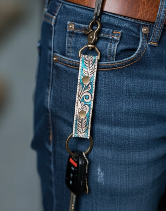 Handmade Leather Keychain Set of 3, Floral Tooled Design