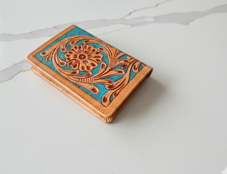 Handmade Leather Passport Wallet, Floral Tooled Travel Organizer