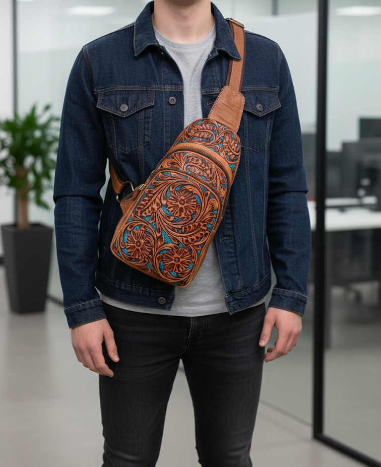 handmade Tooled Leather Fanny Pack: Floral Carved Sling Crossbody Bag For Men And Women