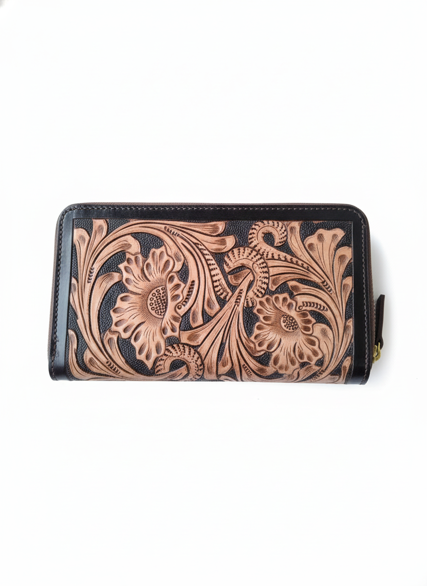 Carving Tooled Handmade Genuine Leather Clutch for Women
