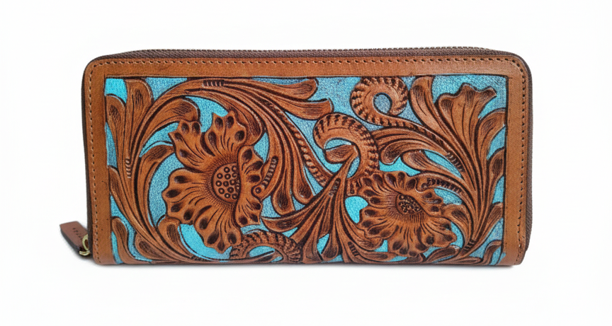 Carving Tooled Handmade Genuine Leather Clutch for Women