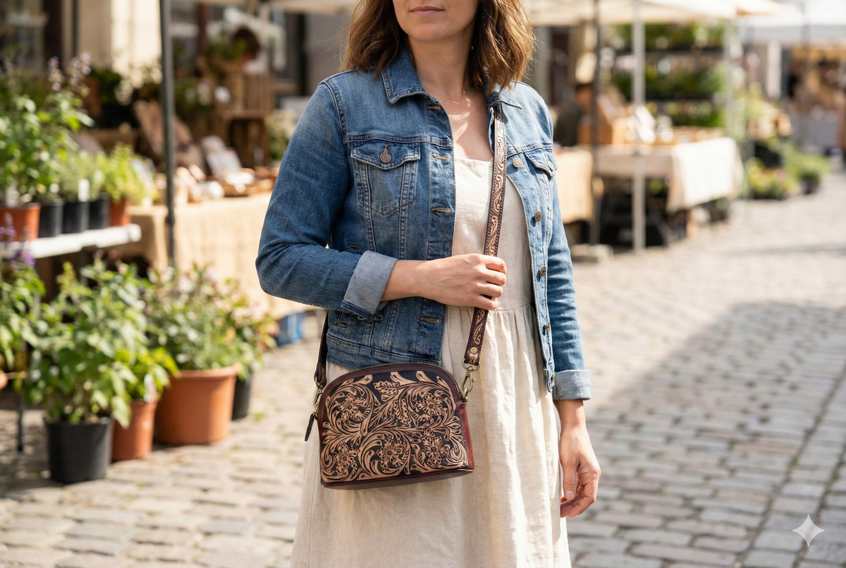Pure Leather Crossbody Bag: Handmade Genuine Leather & Carving Stylish Sling for Women - Ideal Gift for Women, Sister, Mom, Friend