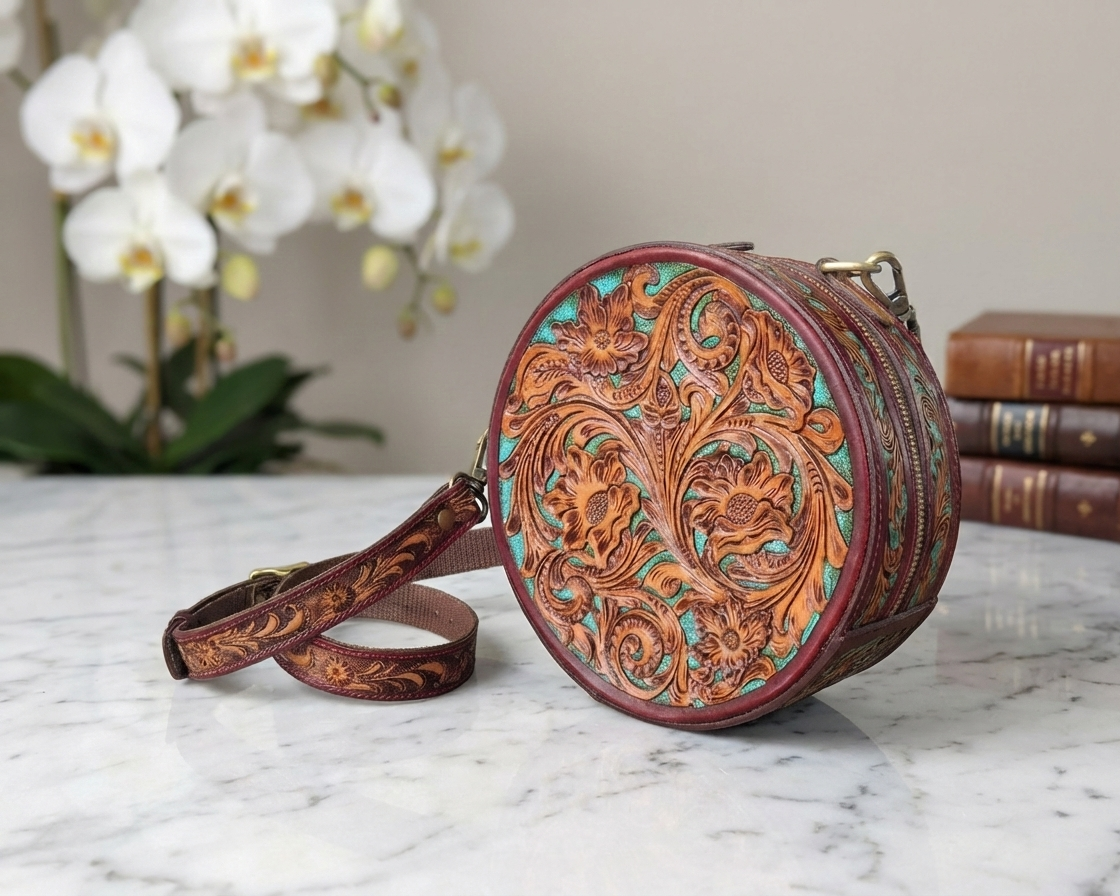 Pure Leather Handbags For women-Handmade Tooled Genuine Leather Round Crossbody Bag – Floral Carved Vintage Western Shoulder bag for Women