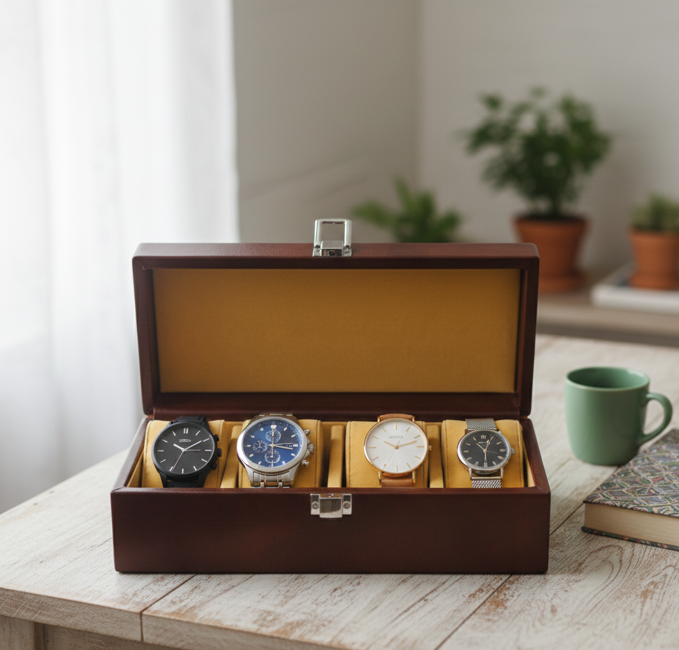 Genuine Leather 4-Slot Watch Box, Vintage Charm, Gift For Men And Women