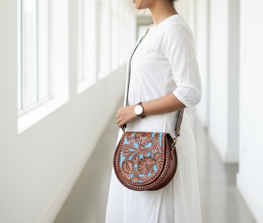 Hand-Carving, Floral Design Crafted Premium Handmade Women's Leather Round Sling Bag - Unique, Versatile, and Stylish