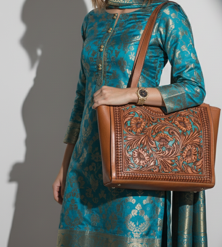 Hand Tooled Handmade Leather Floral Carving Design Tote Bag: Western Handbag-Best Gift to Girl Friend and Mother