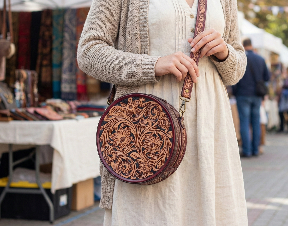 Pure Leather Handbags For women-Handmade Tooled Genuine Leather Round Crossbody Bag – Floral Carved Vintage Western Shoulder bag for Women