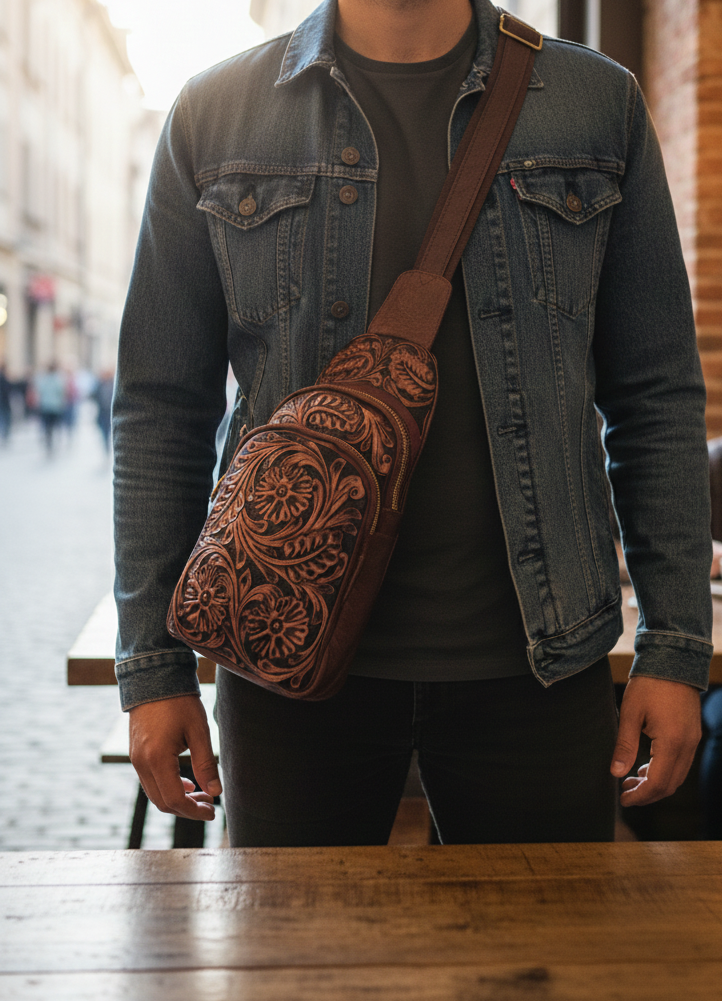 handmade Tooled Leather Fanny Pack: Floral Carved Sling Crossbody Bag For Men And Women