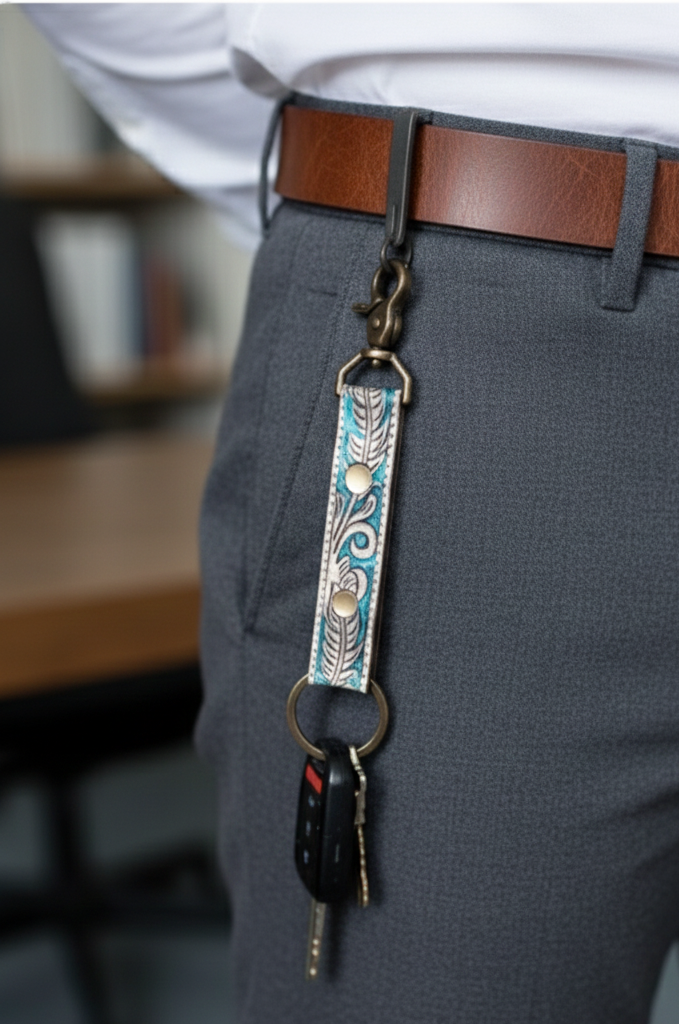 Handmade Leather Keychain Set of 3, Floral Tooled Design