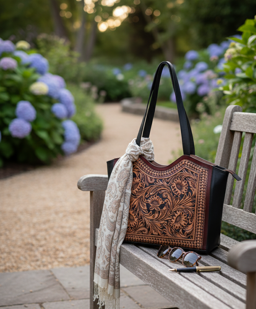 Hand Tooled Handmade Leather Floral Carving Design Tote Bag: Western Handbag-Best Gift to Girl Friend and Mother