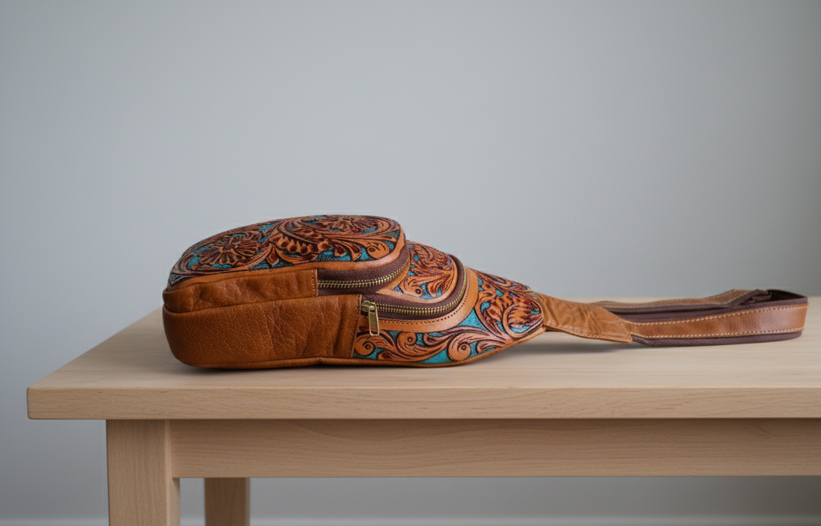 handmade Tooled Leather Fanny Pack: Floral Carved Sling Crossbody Bag For Men And Women