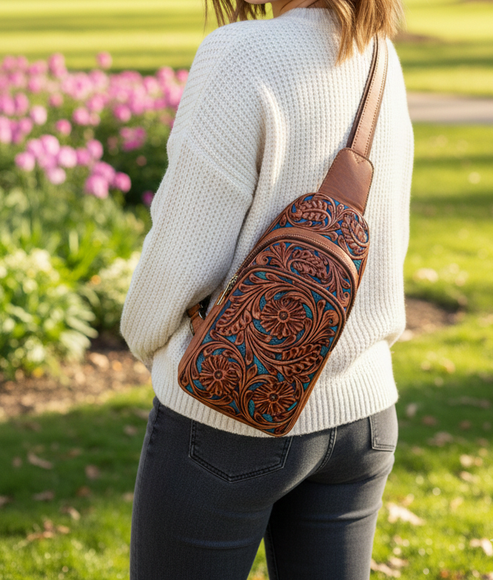 handmade Tooled Leather Fanny Pack: Floral Carved Sling Crossbody Bag For Men And Women