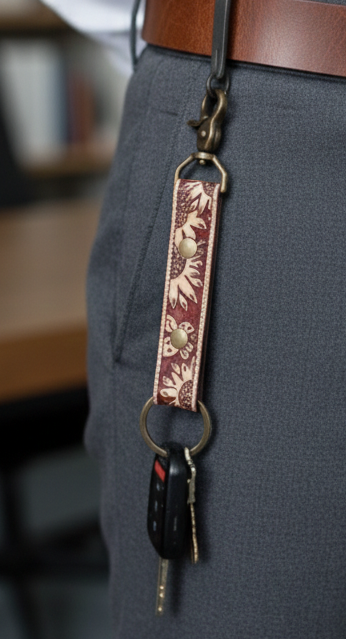 Handmade Leather Keychain Set of 3, Floral Tooled Design