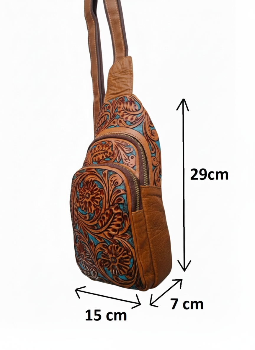handmade Tooled Leather Fanny Pack: Floral Carved Sling Crossbody Bag For Men And Women