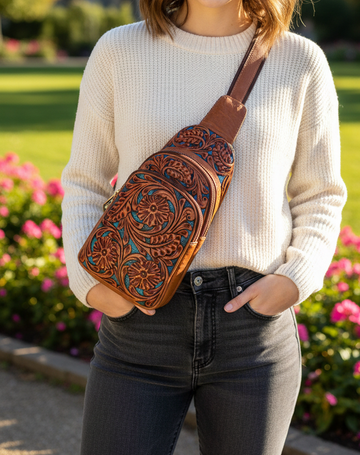 handmade Tooled Leather Fanny Pack: Floral Carved Sling Crossbody Bag For Men And Women