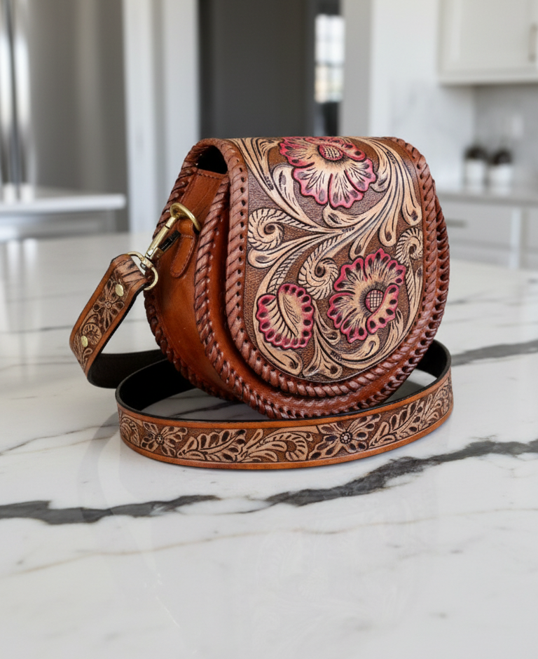 Hand-Carving, Floral Design Crafted Premium Handmade Women's Leather Round Sling Bag - Unique, Versatile, and Stylish