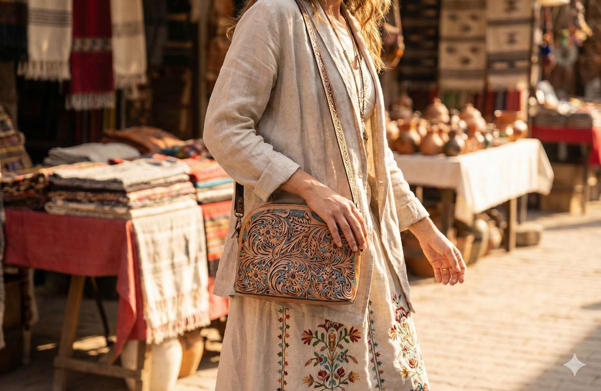 Pure Leather Crossbody Bag: Handmade Genuine Leather & Carving Stylish Sling for Women - Ideal Gift for Women, Sister, Mom, Friend