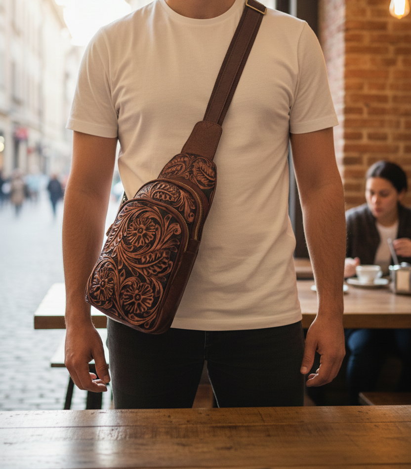 handmade Tooled Leather Fanny Pack: Floral Carved Sling Crossbody Bag For Men And Women