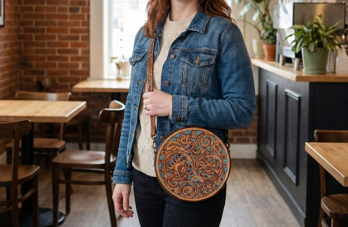 Pure Leather Handbags For women-Handmade Tooled Genuine Leather Round Crossbody Bag – Floral Carved Vintage Western Shoulder bag for Women