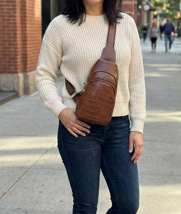 Croc Printed Leather Crossbody Bag, Handmade Crossbody Chest Bag