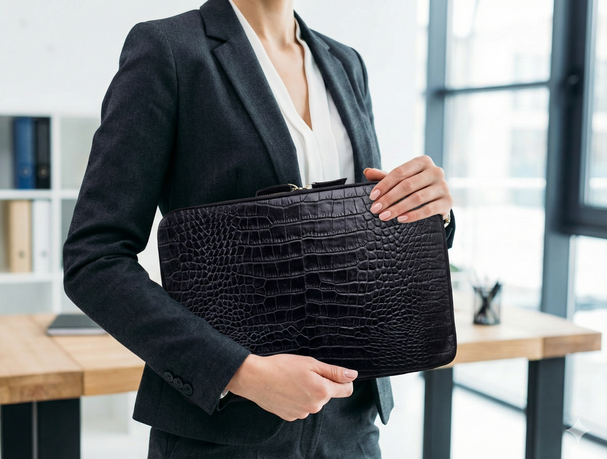 Handmade Croc-Embossed  Leather Laptop Sleeve, Executive Organizer, Gift For Men And Women