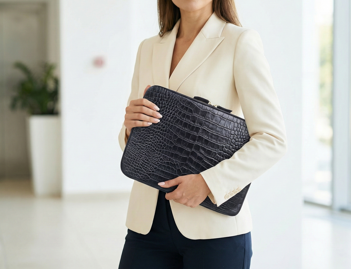Handmade Croc-Embossed  Leather Laptop Sleeve, Executive Organizer, Gift For Men And Women