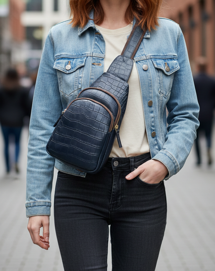 Croc Printed Leather Crossbody Bag, Handmade Crossbody Chest Bag