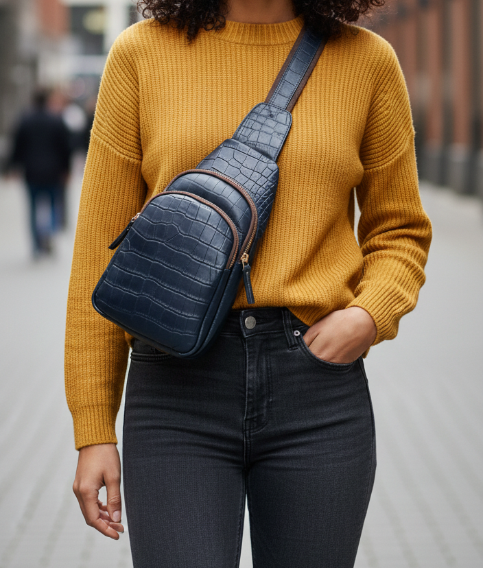 Croc Printed Leather Crossbody Bag, Handmade Crossbody Chest Bag