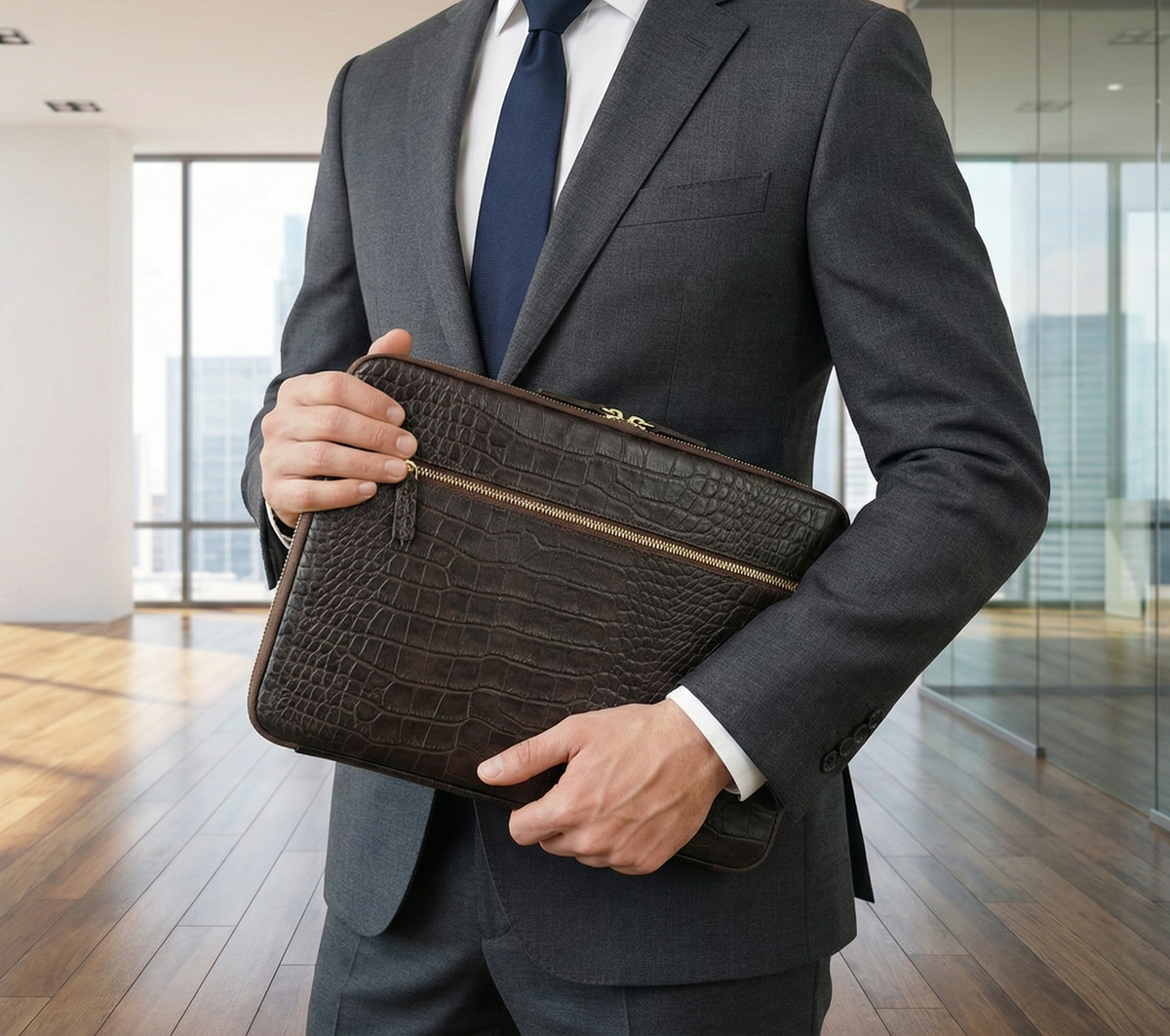 Handmade Croc-Embossed  Leather Laptop Sleeve, Executive Organizer, Gift For Men And Women