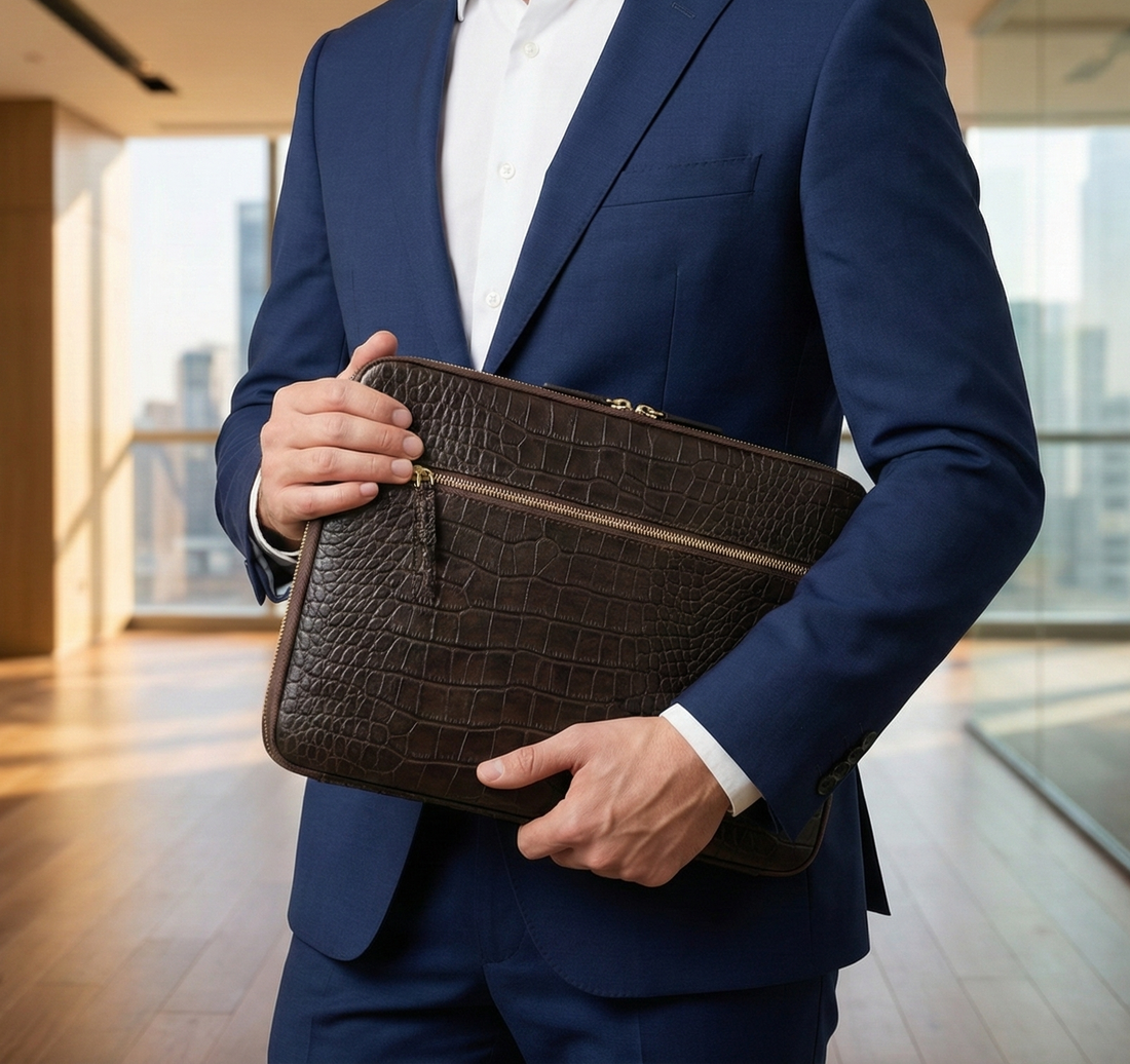 Handmade Croc-Embossed  Leather Laptop Sleeve, Executive Organizer, Gift For Men And Women