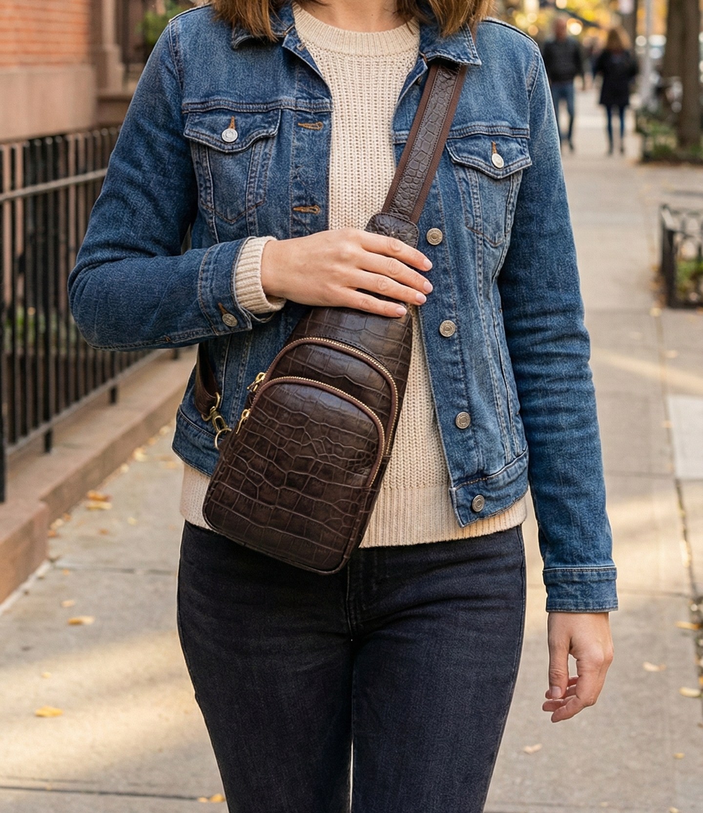Croc Printed Leather Crossbody Bag, Handmade Crossbody Chest Bag