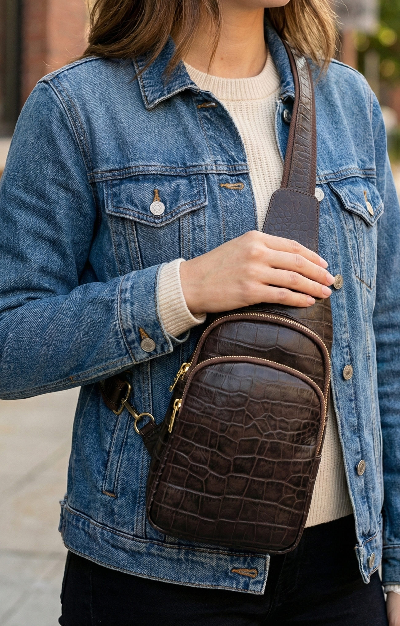 Croc Printed Leather Crossbody Bag, Handmade Crossbody Chest Bag