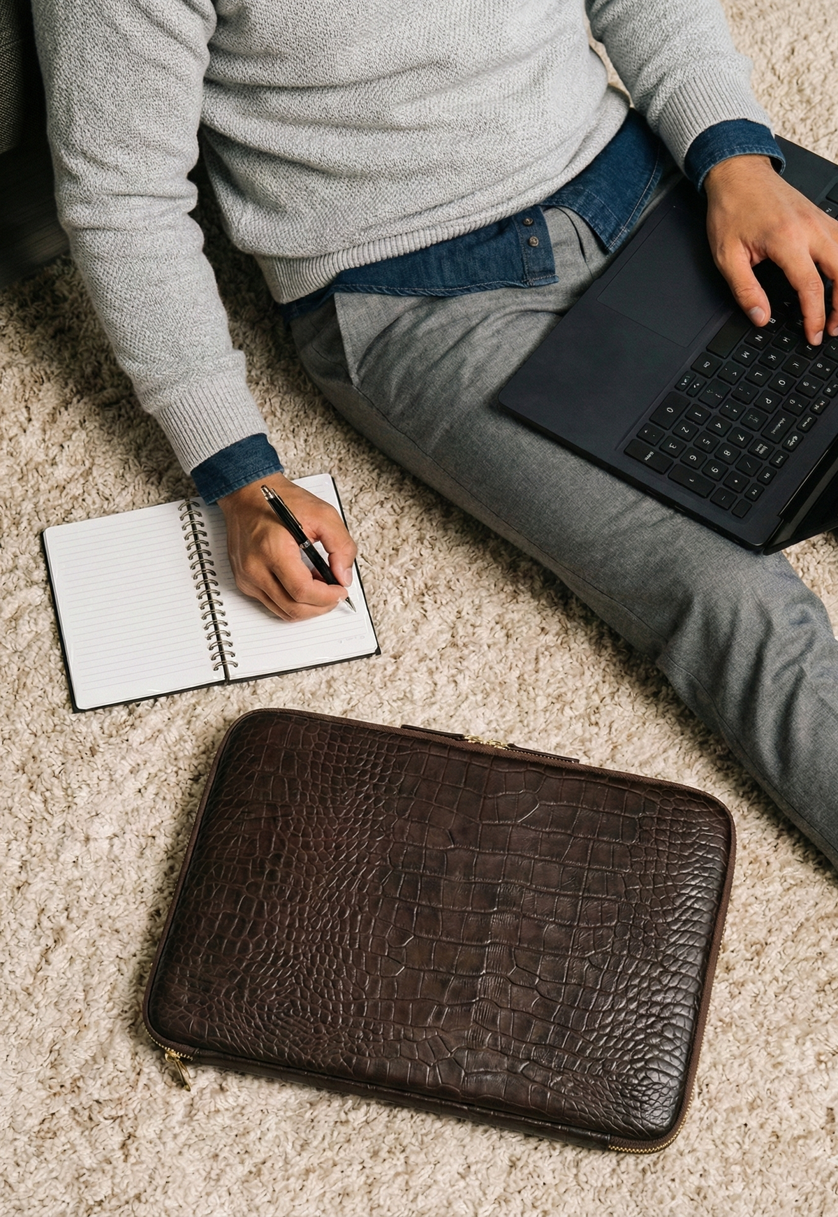 Handmade Croc-Embossed  Leather Laptop Sleeve, Executive Organizer, Gift For Men And Women