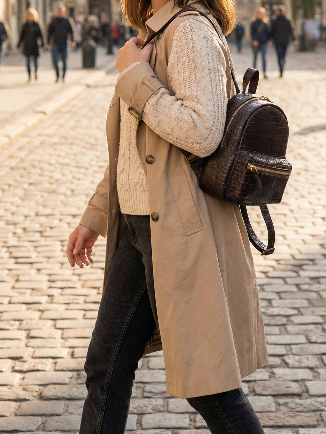 Handmade Leather Croc-Embossed Backpack, Minimalist Rucksack