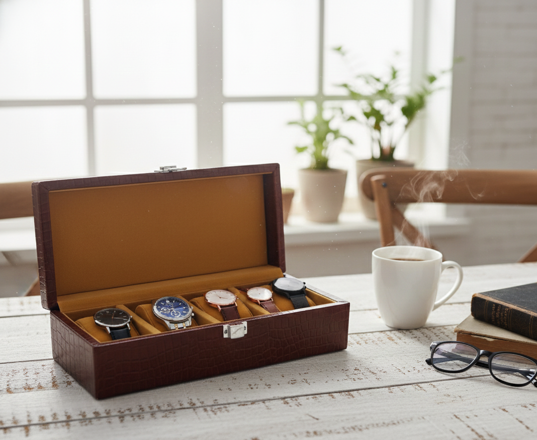 Genuine Leather 4-Slot Watch Box, Vintage Charm, Gift For Men And Women