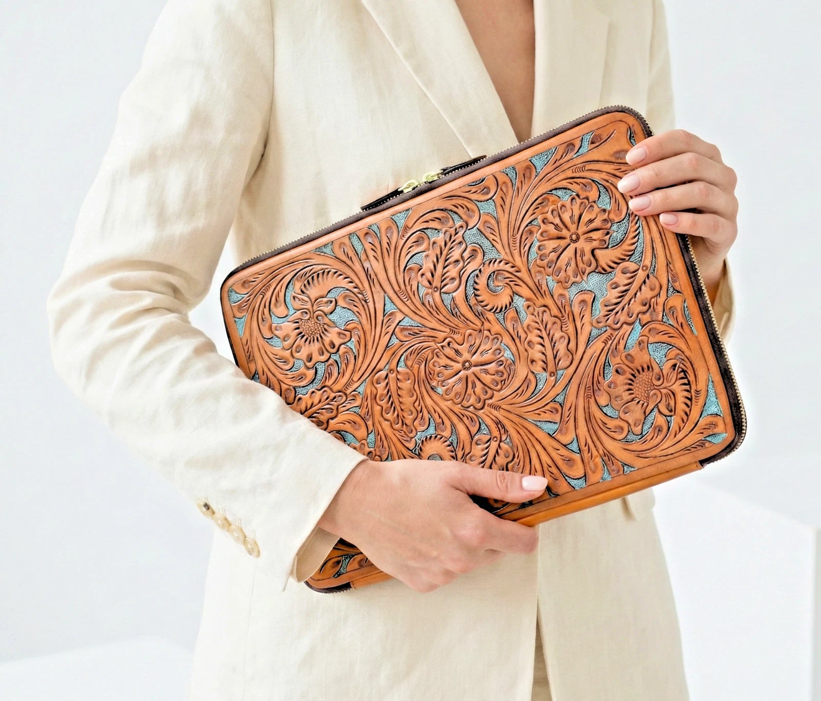 Handmade Tooled Leather Laptop Sleeve, Embossed Floral Design, Executive Organizer, Gift For Men And Women
